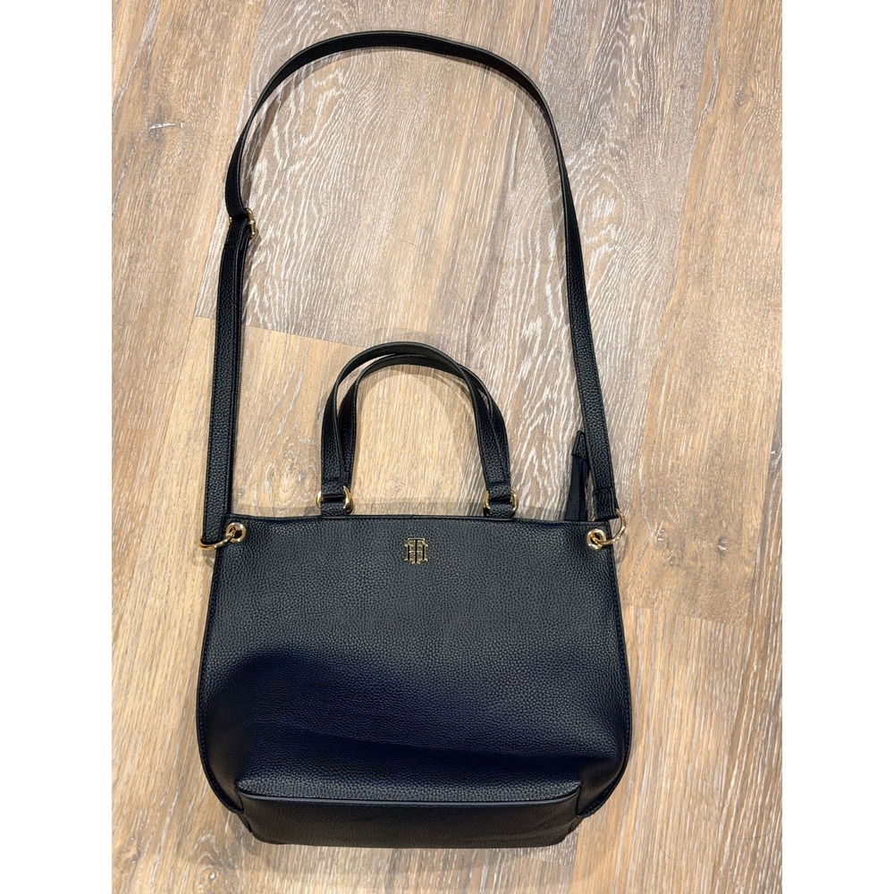 Tommy Hilfiger Black Pebbled Crossbody Tote Bag Gold Monogram Logo Adjustable